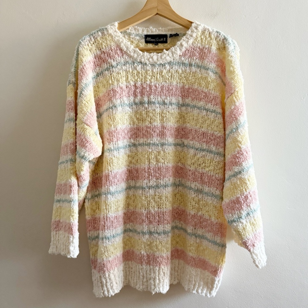 Vtg Allison Smith II Sherbet / Pastel Striped Sweater, Textured Yarn, Size Large